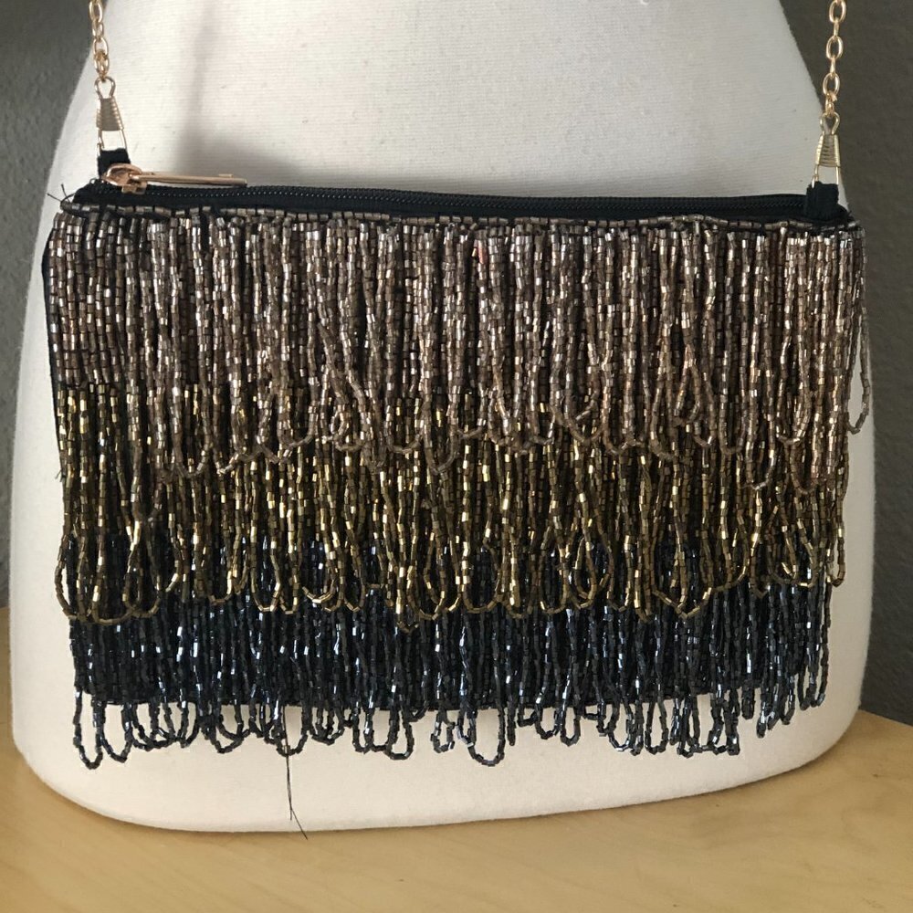 Lulu Satin Metallic Beaded Fringe Crossbody Bag Women's Black Bronze Silver NEW